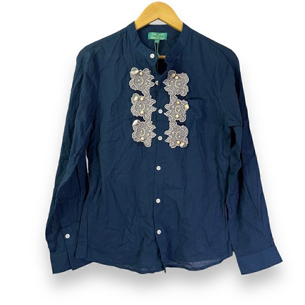 Antica Sartoria Giacomo Cinque Blue Cotton Button Up "Taglia" Shells and Beads